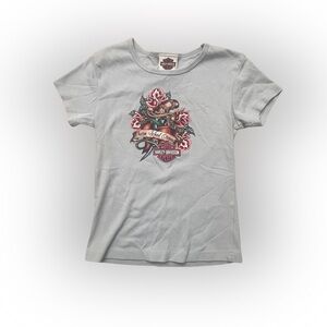 Girl’s Harley-Davidson Baby Blue Tee Floral Charm School Dropout Graphic Size L